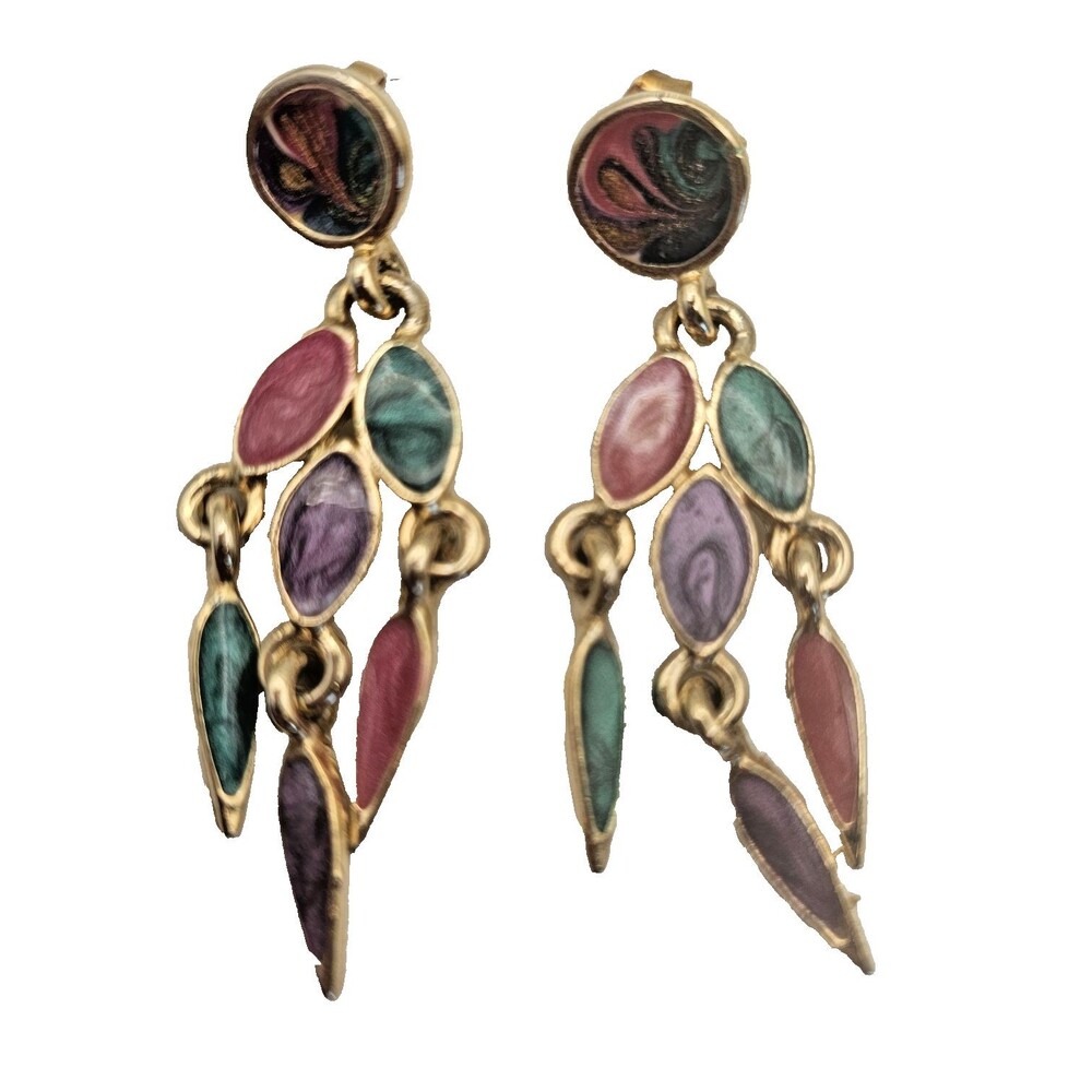 Vintage 1980s Colorful Enamel Drop Chandelier Pierced Earrings